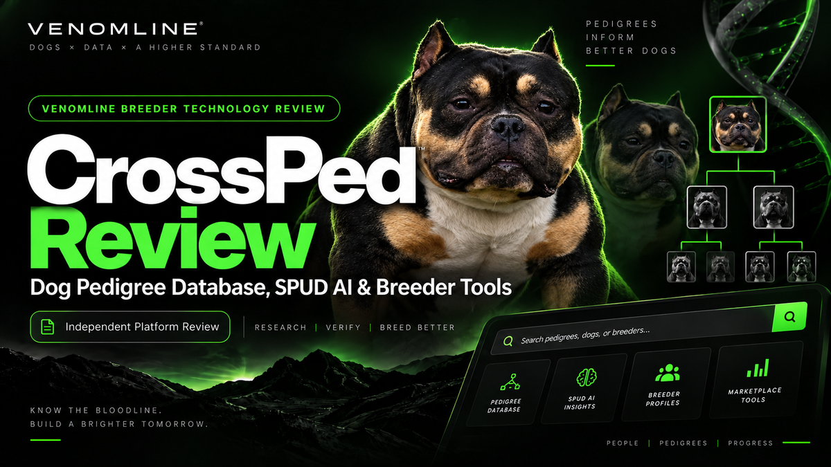Venomline black tri Pocket Bully featured in CrossPed dog pedigree database, SPUD AI and breeder tools review graphic.