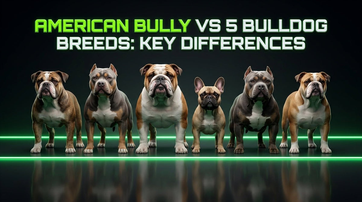 American Bully compared with English Bulldog, French Bulldog, Olde English Bulldogge, Shorty Bull and Pacific Bulldog