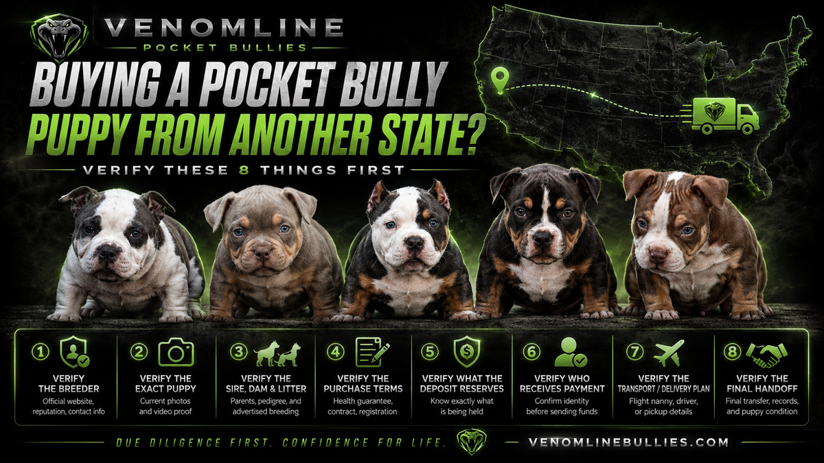Pocket Bully puppies for an out-of-state buyer guide covering breeder verification, contracts, deposits and puppy transportation