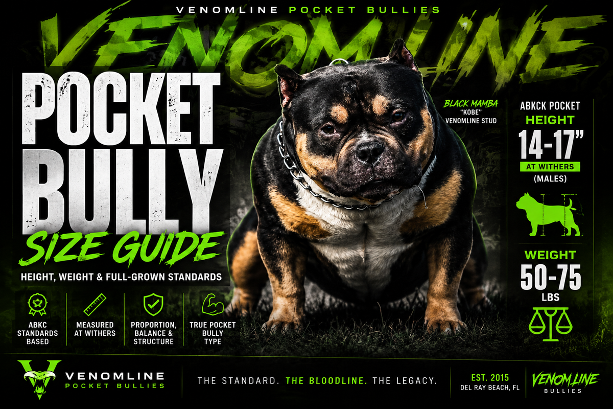 Pocket Bully size guide featuring Venomline Black Mamba with ABKC male height 14–17 inches and 50–75 lb weight range